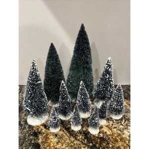 Dept 56 & Lemax Village Bottle Brush Evergreen Trees Lot of 11 Snow Flocked